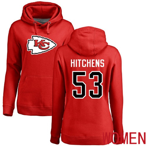 Women Kansas City Chiefs 53 Hitchens Anthony Red Name and Number Logo Pullover NFL Hoodie Sweatshirts